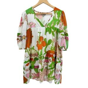 Olivia James The Label Gracie Floral Melon Cotton Mini Dress XS Pockets‎ Tiered